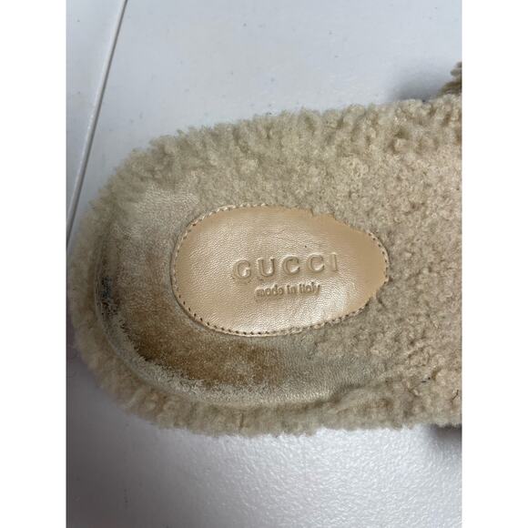 GUCCI Eileen Merino Wool Slide Sandals Real Sheepskin Beige Women's 38 US8 - Picture 8 of 12